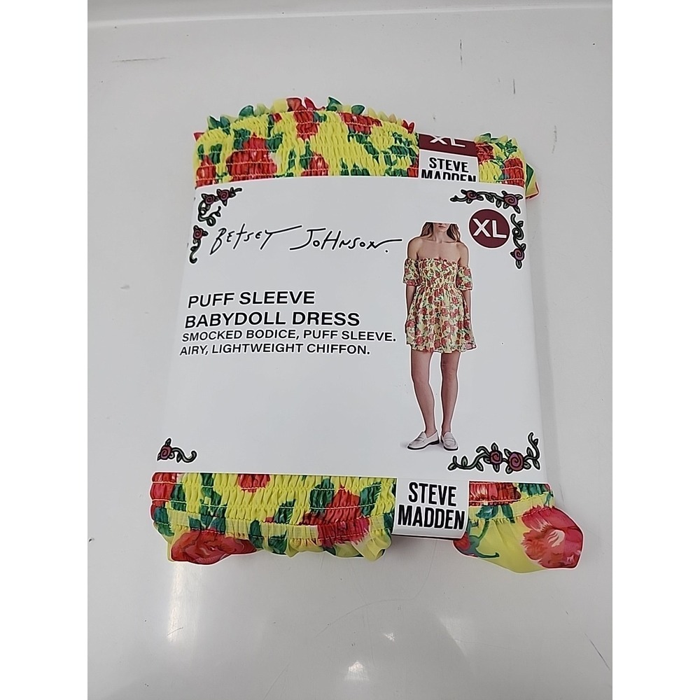 BETSY JOHNSON Puff Sleeve Babydoll Dress XL Yellow Floral Ruffle